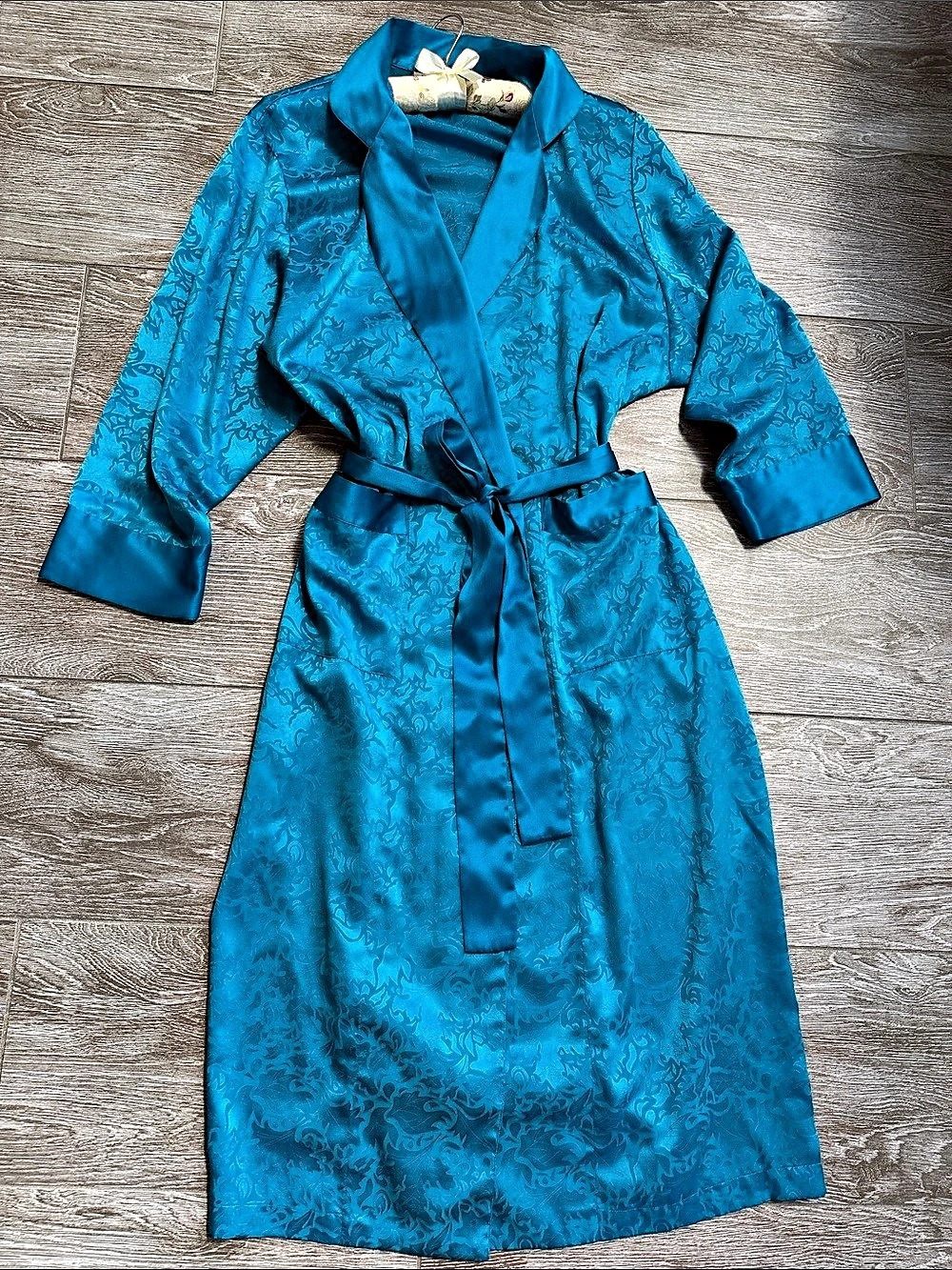 Victoria's Secret Vintage Gold Label Floral Jacquard Satin Robe Blue Small